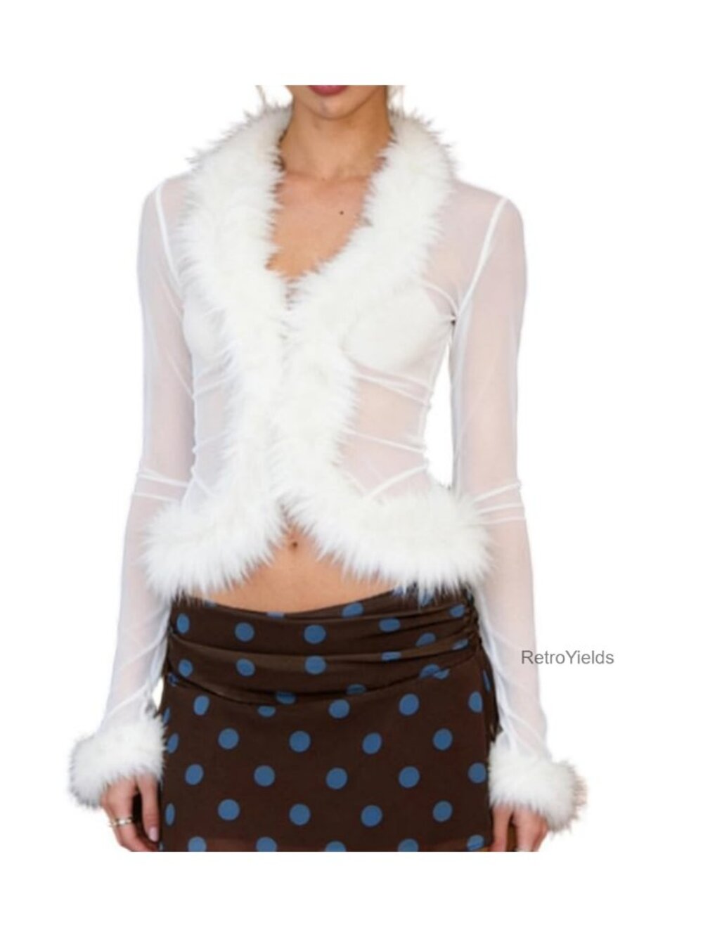 Faux Fur Trim Sheer Mesh Cardigan Y2K Crop Open Front Club Layer Top